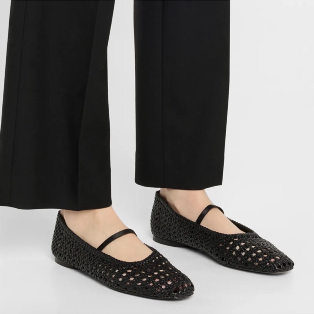 Vince Vivian Leather Mary Jane Flat Woven Black Flats